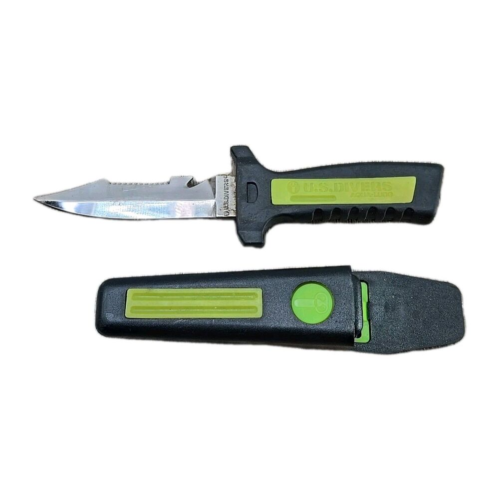 US Divers Aqua Lung Stainless Steel SCUBA Dive Knife & Sheath Push Button Sharp